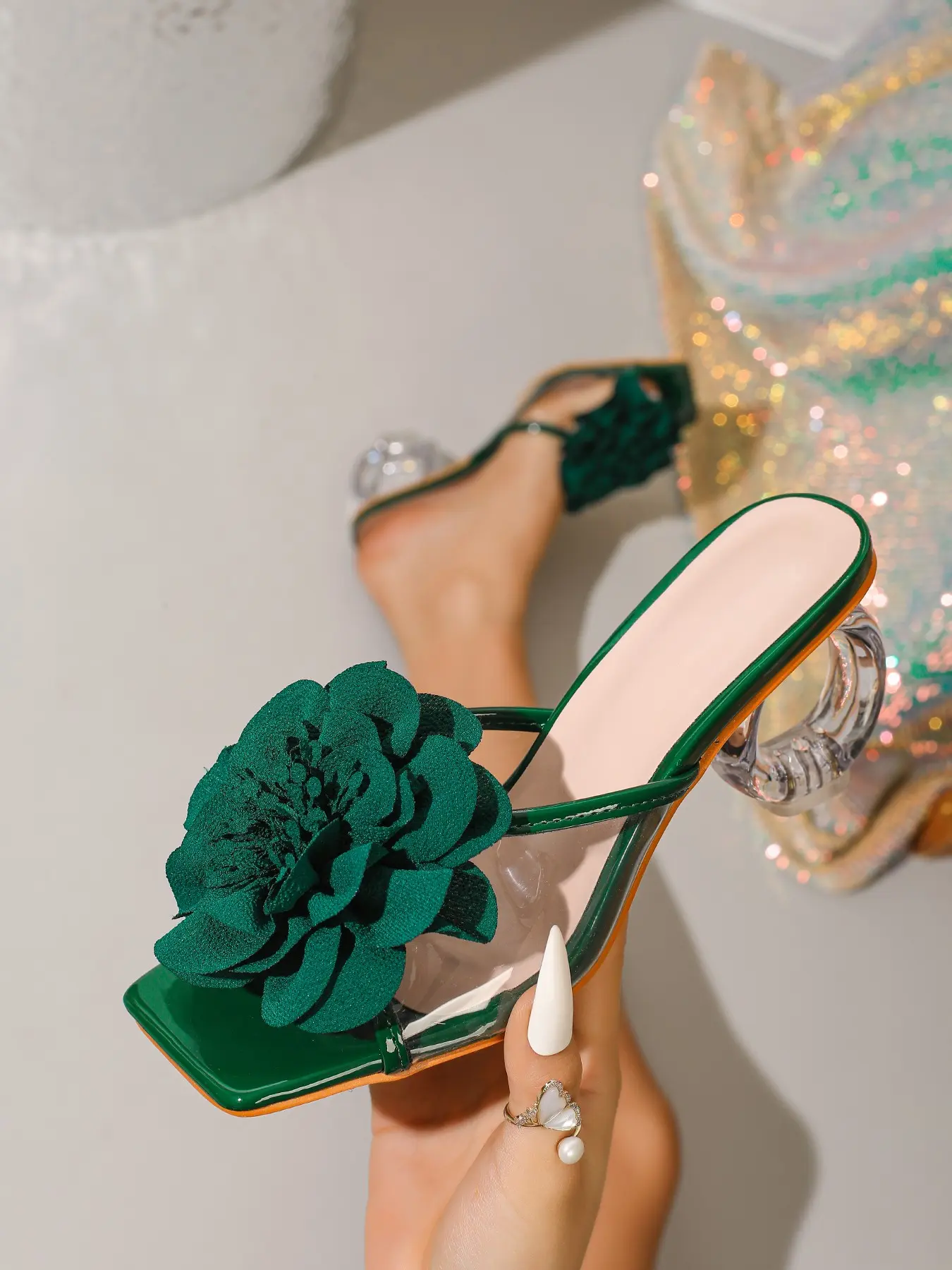 Moss Floral Square Toe Sandals, Transparent Crystal Heeled Slippers, Retro Style Women's Sparkly Party Shoes for Vacation, Dates & Date Night Footwear