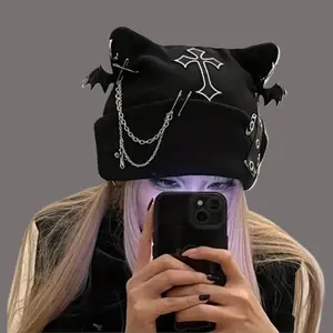 Cat-Ear Fleece Hat with Cross-Chain Detail - Funky Unique Scene Accessories, Subculture-Inspired Warm Autumn/Winter Fashion Accessory, Funky Unique Accessories