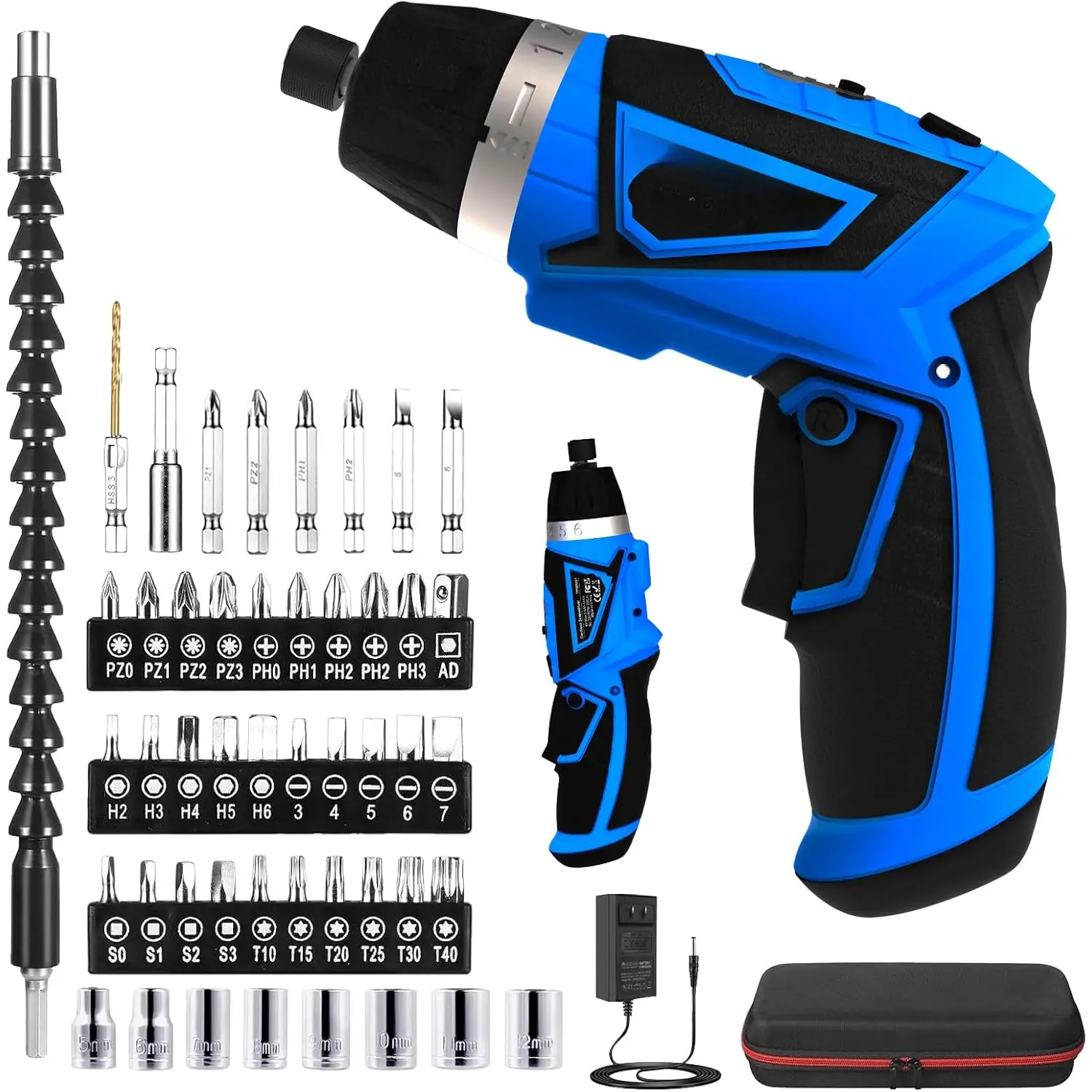 8V Max Cordless Electric Screwdriver Kit - 10Nm Torque, 6+1 Settings, 2-Position Pivoting Handle, 2000mAh Rechargeable, LED Light, 1/4" Hex Chuck, Flexible Shaft, 1× Extension Bit Holder, 1× Nut Adapter & Accessories, Accurate