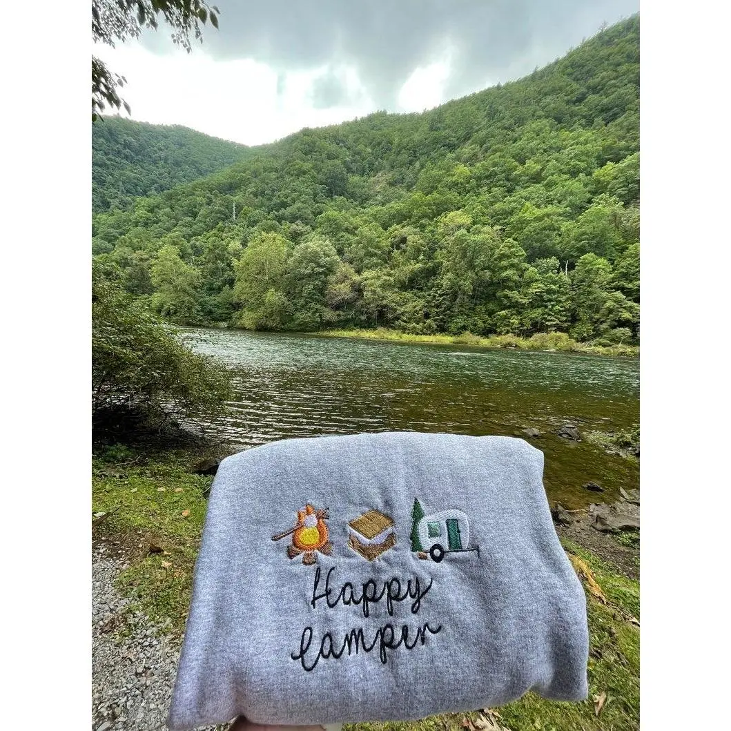 Happy Camper Embroidered Sweatshirt, Camping, Hiking, Outside, Nature, Gifts for Her, Gifts for Him, Camping, Camper, Tent, Sweatshirt