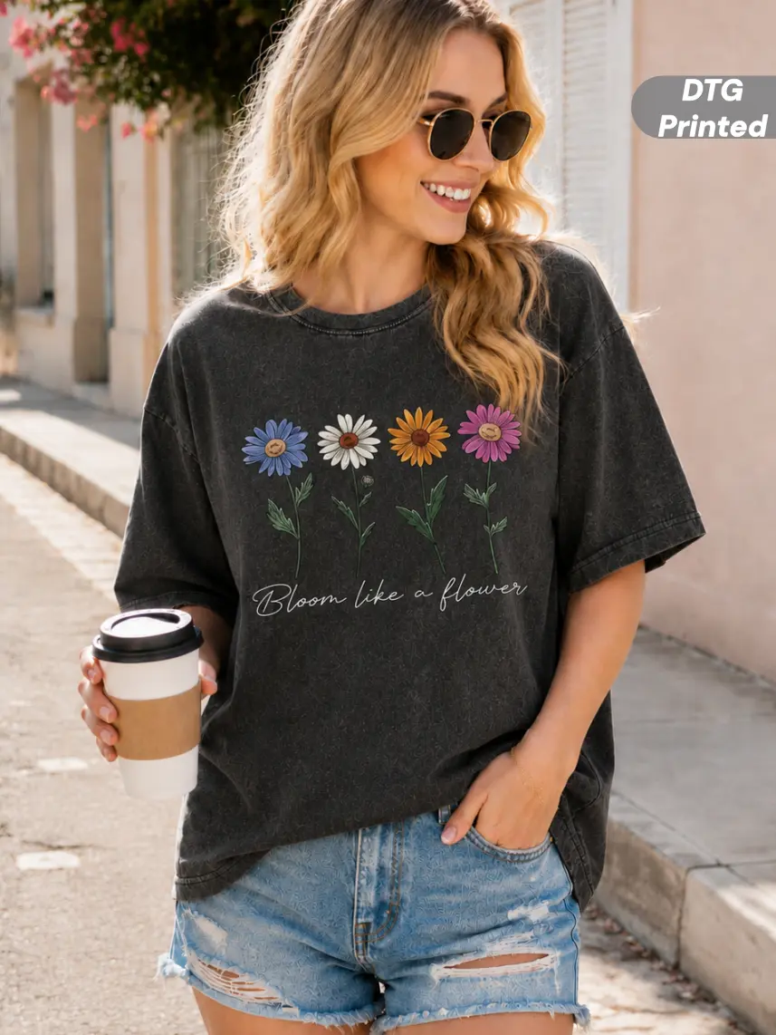 MuseBeau Women's Graphic T-Shirt,DTG Printed Casual Crew Neck Flower Print in Smooth Cotton with a Seamless Shortsleeve Design,100% Cotton Womenswear Outfits Oversized Vintage Washed Graphics Tshirt,Summer Outfit Menswear Soft,Fitted,Floral back to school