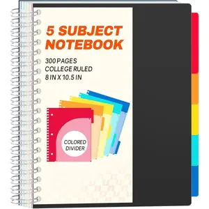 Spiral Notebooks for Work with Removable Dividers & Tabs - College Ruled 5 Subject, 300 Pages, 3 Hole Punched, Durable PP Cover, 8"x10.5" - Notebooks for Office or School, Black