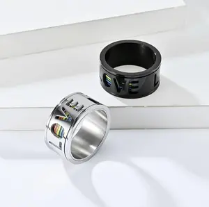 Spinner Love Ring, Gay Pride, LGBTQ+ Jewelry, Stainless Steel/Black