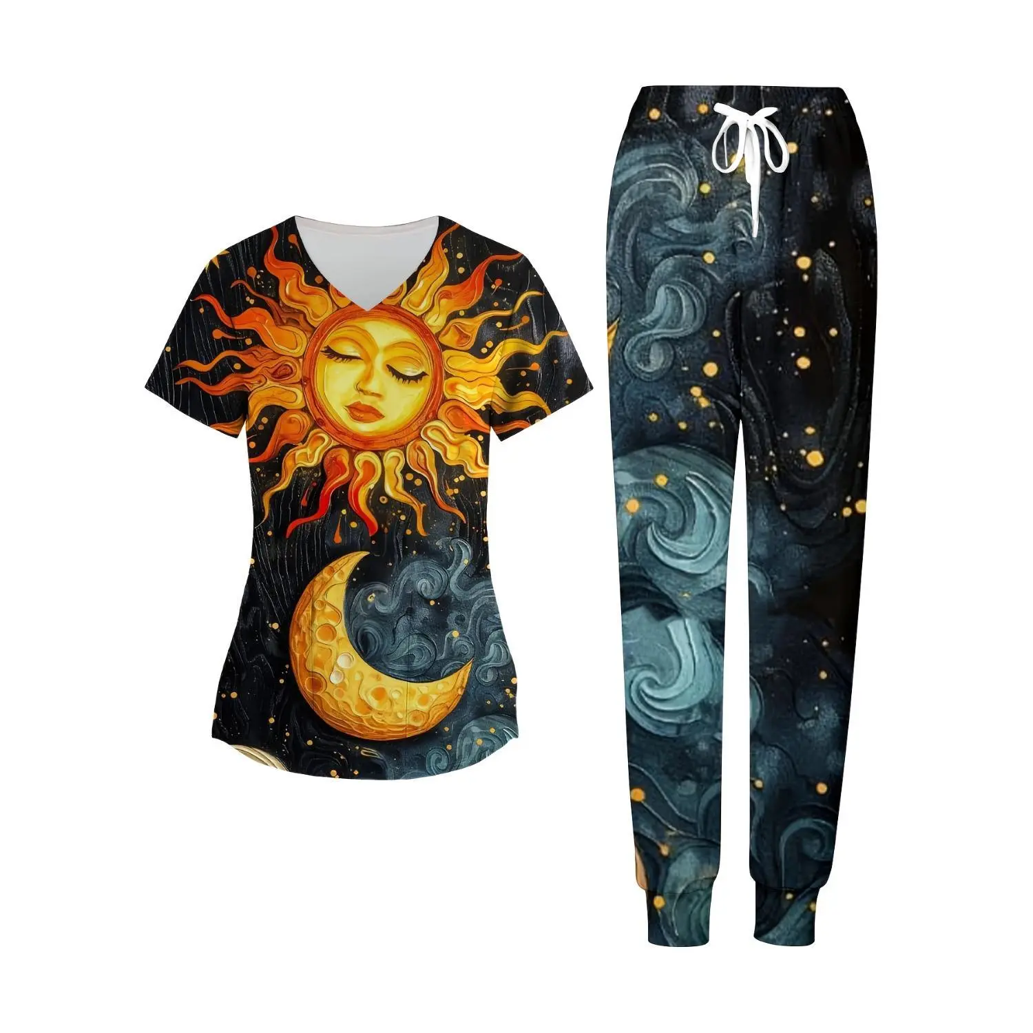 Ladies' Nurse Suit with Sun and Moon Art Motifs, V-Neck Frosted Top and Pocketed Pants in Soft Stretch Fabric for Casual Work Wear