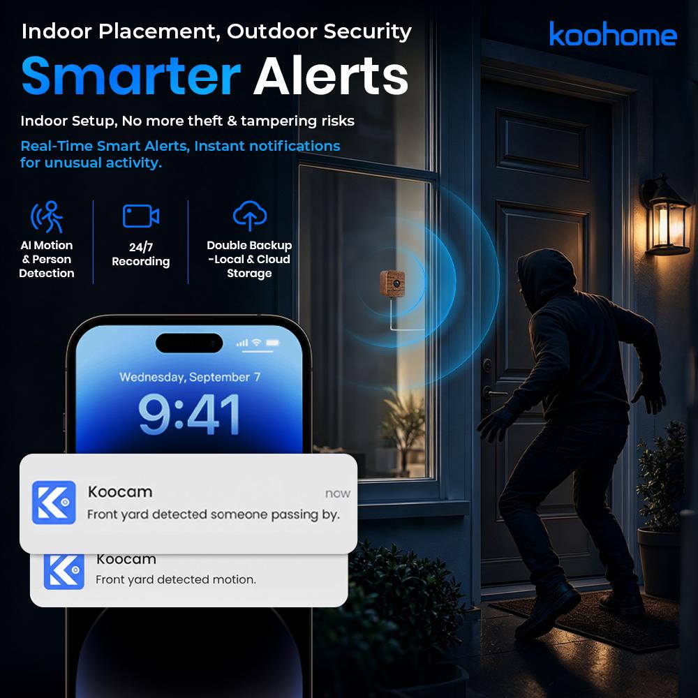 Koohome 3K Window Security Camera, Walnut Wood Design & Magnetic Mount, Full-Color Night Vision, Free Cloud Storage, SD Card Slot, Dual-Band WiFi, Motion & Person Detection, 24/7 Recording, Easy Setup for Home & Apartment