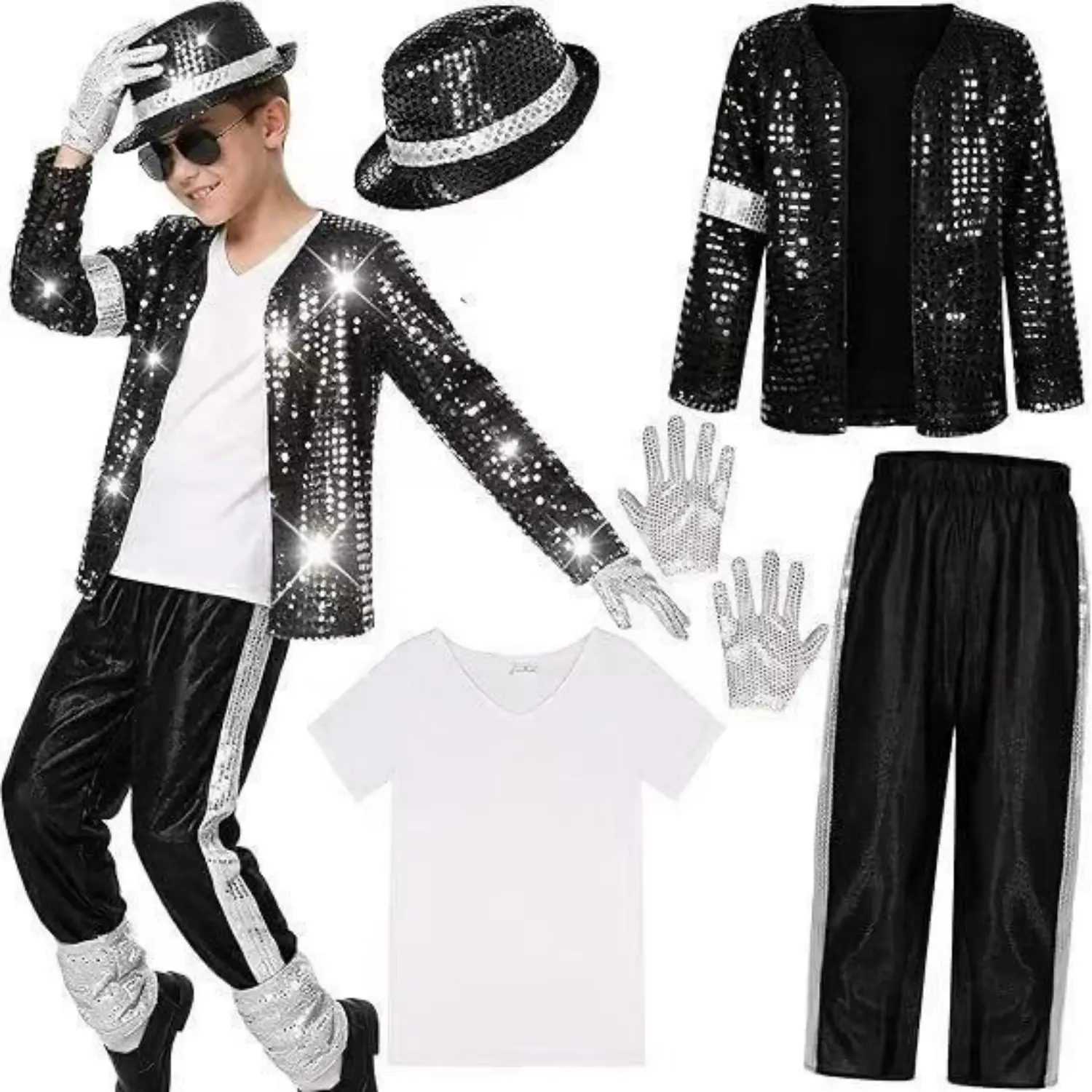 Kids Boy MiHalloween Party Cosplay Outfit for Boys，Jackson Billie Jean Cosplay Black Suit Dance Disco Halloween Fancy Dres Up 80s Pop King Costume for top Pants