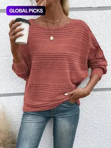 Women's Plain Batwing-Sleeve Tee, Casual Long-Sleeve Crew Neck T-Shirt for Fall & Winter, Fashion Ladies' Clothing for Daily Wear