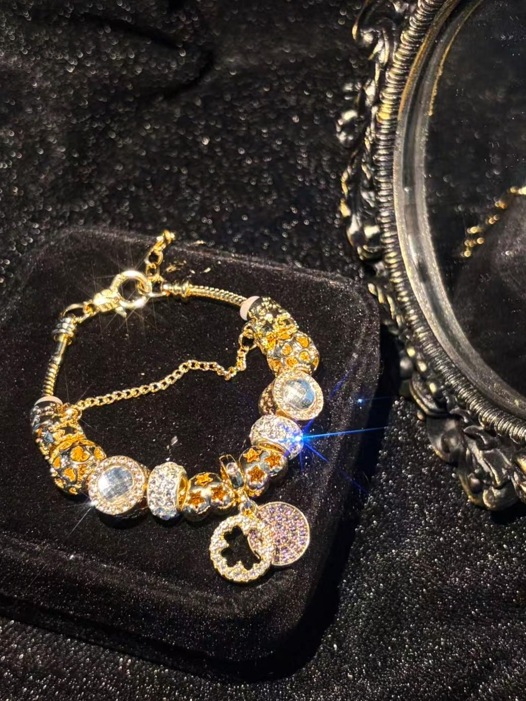 Women's Gold-Tone Clover Round Disc Charm Bracelet - Sparkling Rhinestone Beaded Snake Chain, Elegant Dangle Jewelry Gift for Teen Girls
