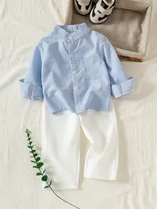 Baby Boy's Two-Piece Set Stand Collar Striped Casual Shirt with Pockets and Pants, Versatile College Style, Perfect for Vacation