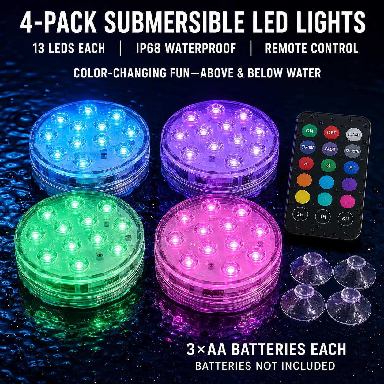 IP68 Waterproof Submersible LED Pond Lights (4-Pack), 13 LEDs Each, RGB Color-Changing Underwater Lights with Remote Control & Suction Cups for Pool, Party Decor
