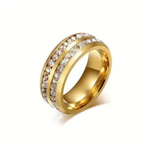 High Quality Men's Rings, Classic Luxury Double Row Synthetic Zircon Stainless Steel Rings for Weddings, Banquets, Parties, Fashionable and Trendy Men's Accessories