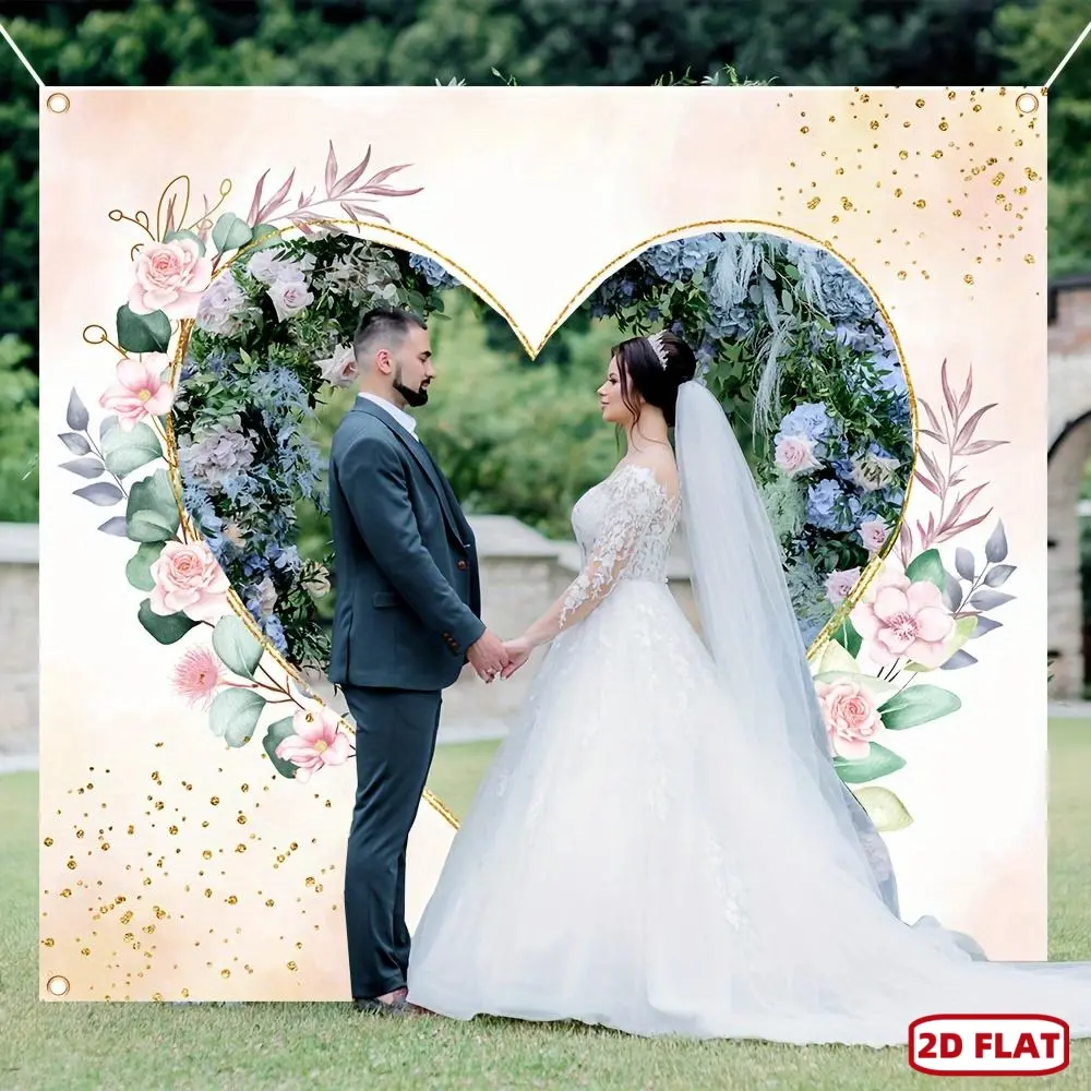 1pc Glam 2D Flat Wedding Banner Backdrop - Scissors-Compatible Textile Decor with Bride & Groom Heart Cutouts for Wedding Photos, Party Use