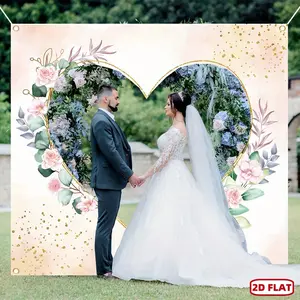 1pc 2D Flat Wedding Banner Backdrop - Bride & Groom Heart-Shaped Cutout, Scissors-Compatible Textile Decor for Wedding Photos, Party Use