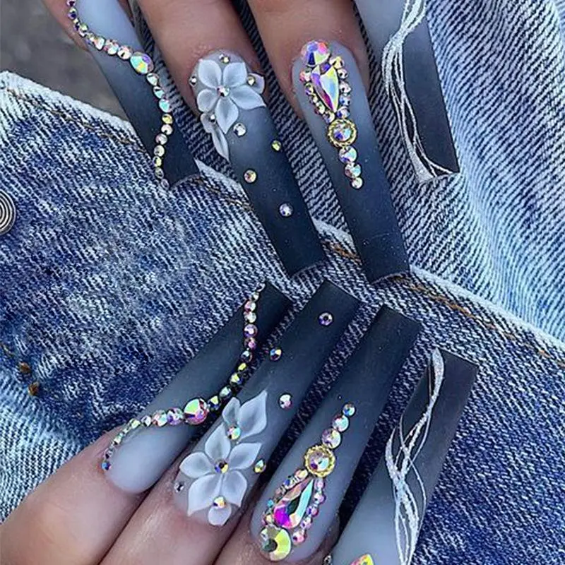 Flower Pattern Fake Nails with Nail File & Tape, 24pcs/set Rhinestone Decor Long Square False Nails for Women, Effortless Press on Nails
