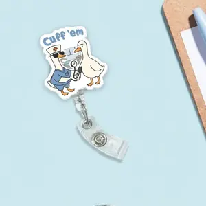 Funny Cuff Em Silly Goose Sparkly Retractable Badge Reel Cute Acrylic ID Holder For Registered Nurse RN Nursing Student Work Accessory