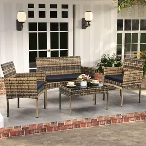 4-Piece Patio Furniture Set, Wicker Outdoor Furniture Set, Extra Long Matching Rattan Couch with 2 Side Chairs and Glass Top Coffee Table, for Porch, Deck, Balcony, Natural Conversation Furniture Set