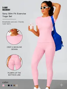 2-Piece Solid-Color Athletic T-Shirt Set Women's Sportswear Set, Slim-Fit RoundNeck Short Sleeves & High-Waisted YogaPants, Ideal for Gym Running OutdoorActivities,  Stretchy Suit Set, Fitness Outfits,Workout Running Outfits-8627 Sporty Crew Neck Sweat Su