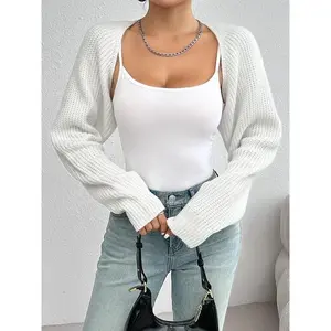 Shrug Raglan Sleeve Open Front Cardigan Elegant Solid Color Ribbed Knitted Cardigan For Spring & Fall Women's Clothing Knitwear Outfit