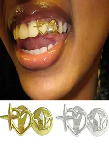 Adjustable Hollow Star & Heart Teeth Grillz Set, Unisex Copper Jewelry for Party, All-Season Accessory, Yb Jewels, Heart Shaped Brackets, Tooth Gems