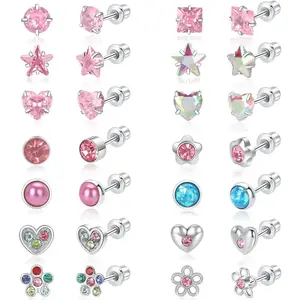 14 Pairs Surgical Steel Earrings Set for Toddlers, Kids, Women - Hypoallergenic Screw Back, Cute Heart CZ Pink Flat Back Stud, Hypoallergenic