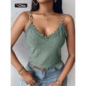 Women's Plain Contrast Lace Eyelet Embroidery Crop Tank Top, Casual Chain Decor Backless Sleeveless Top for Summer, Ladies Clothes for Daily WearGift