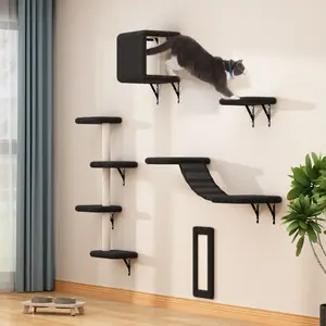 5PCS Cat Window Perch Hammock, Cat Wall Shelves with Suction Cups & Climbing Steps & Scratching Post & Seat, Wooden Cat Wall Window Furniture, Wall Mounted Cat Climber Pet Bed for Indoor Cats