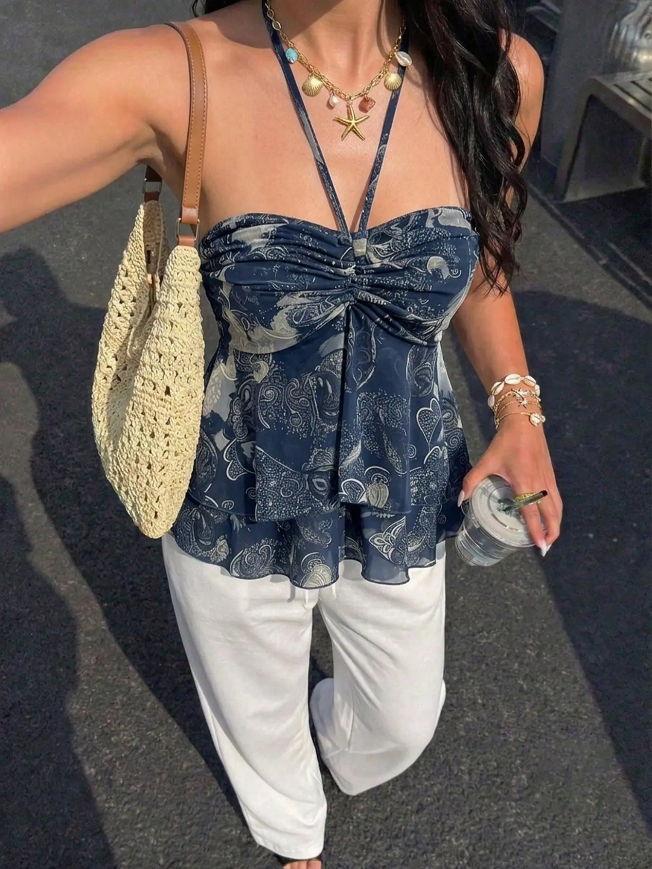 Women’s Boho Halter Bandeau Top, Ruched Knitted Sleeveless Tube Top for Women, Floral Print Summer Vacation Beach Top, Festival Y2K Going Out Blouse, resort wear women Bohemian Breathable