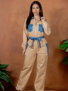 Casual Combination Jumpsuit with Blue Accents and Belted Waist for Women
