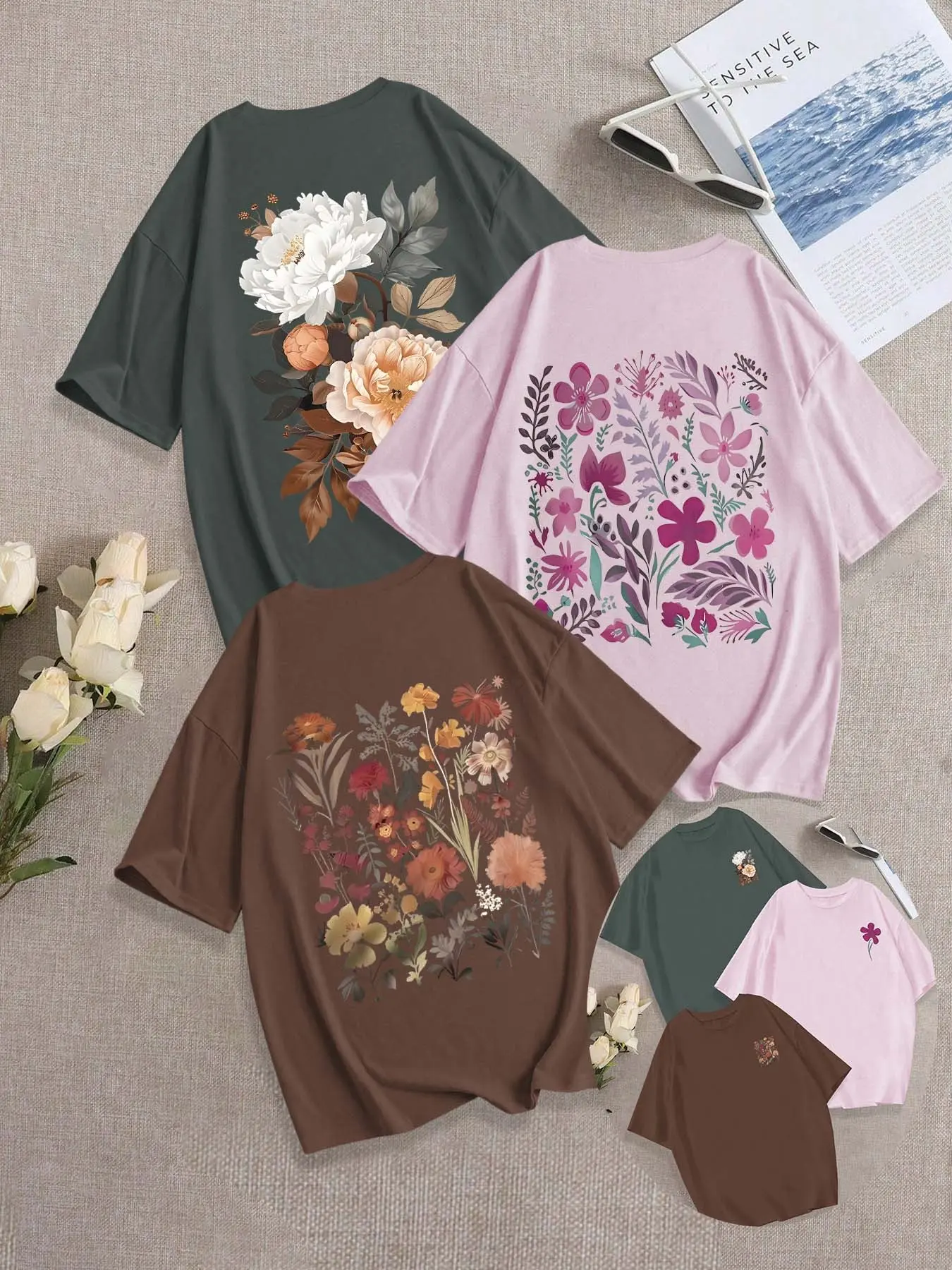 Breathable Casual T-Shirt, Loose Fit Round Neck Design, Floral Graphic Print, Daily Wear, Fashion Comfort Versatile Top, 3 Pack, Classic