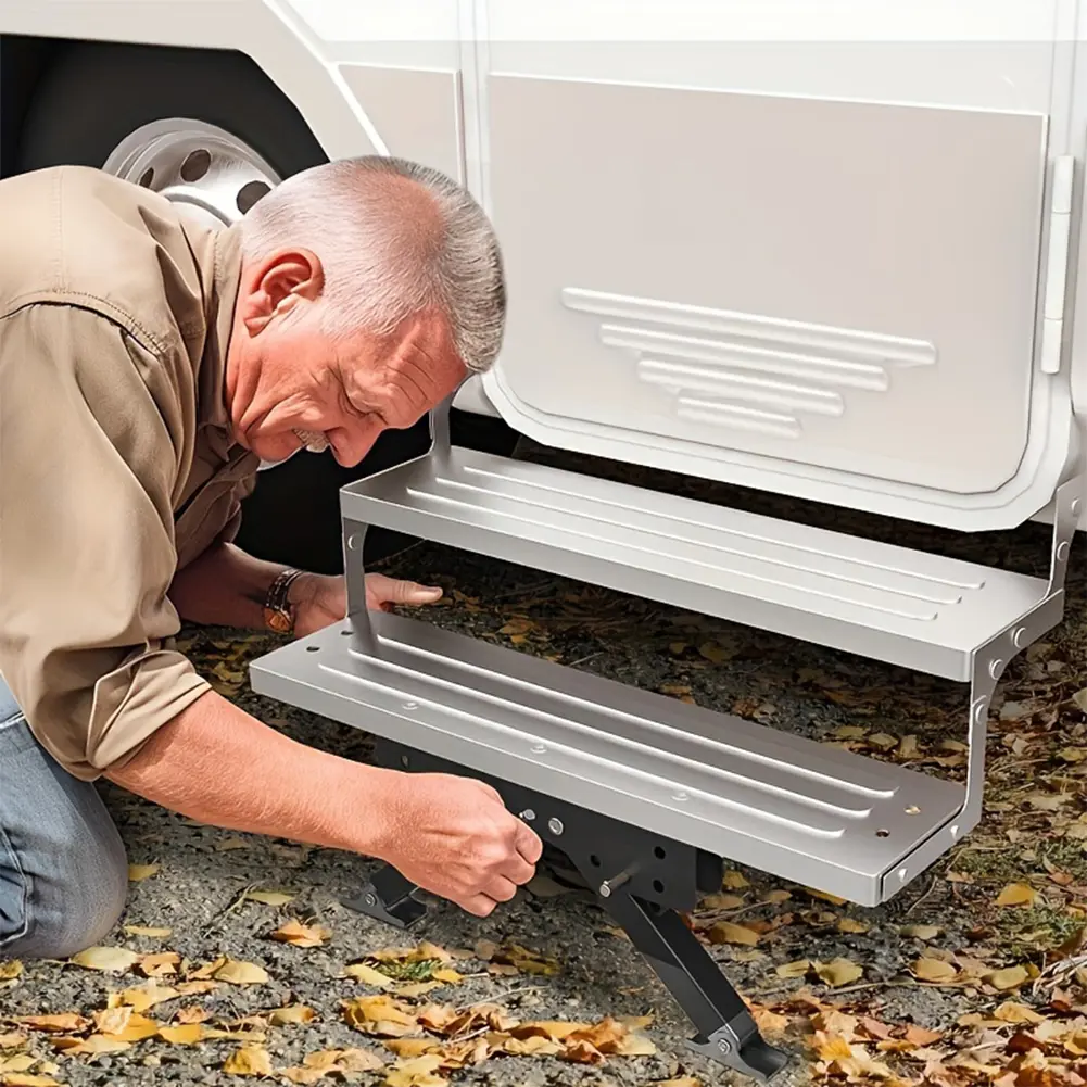 Retractable Galvanized Steel RV Step Stabilizer Bracket - Camping Supports with Easy Installation, Adjustable Ground Jack, Foldable Legs, 2.8-11.3in Height, English Manual for RV Trailers, Travel Trailers & Motorhomes