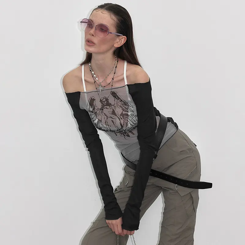 Women's Y2K Edgy Angel Top - Sheer Mesh Off Shoulder Contrast Graphic Long Sleeve tops