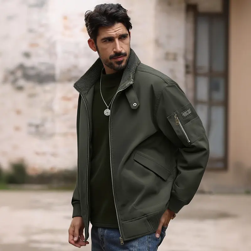 Men's Plain Military Bomber Jacket - Menswear Casual Long Sleeve Stylish Clothes, Warm Fleece-Lined Winter Coat with Knitting Trim and Chain Detail, Fashion, Tops, Longsleeves, Knit Trim, Polyester