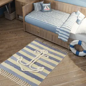 Nautical Anchor Striped Hand-Woven Cotton Accent Rug 2'6" x 3'9" Blue/Ivory Shag Texture with Tassels for Entryways & Bathrooms
