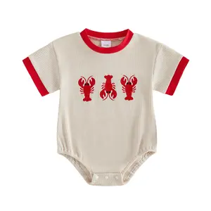 Infant Baby Boy Girl Summer Romper Crayfish Embroidery Short Sleeve Crew Neck Jumpsuit 0-18 Months