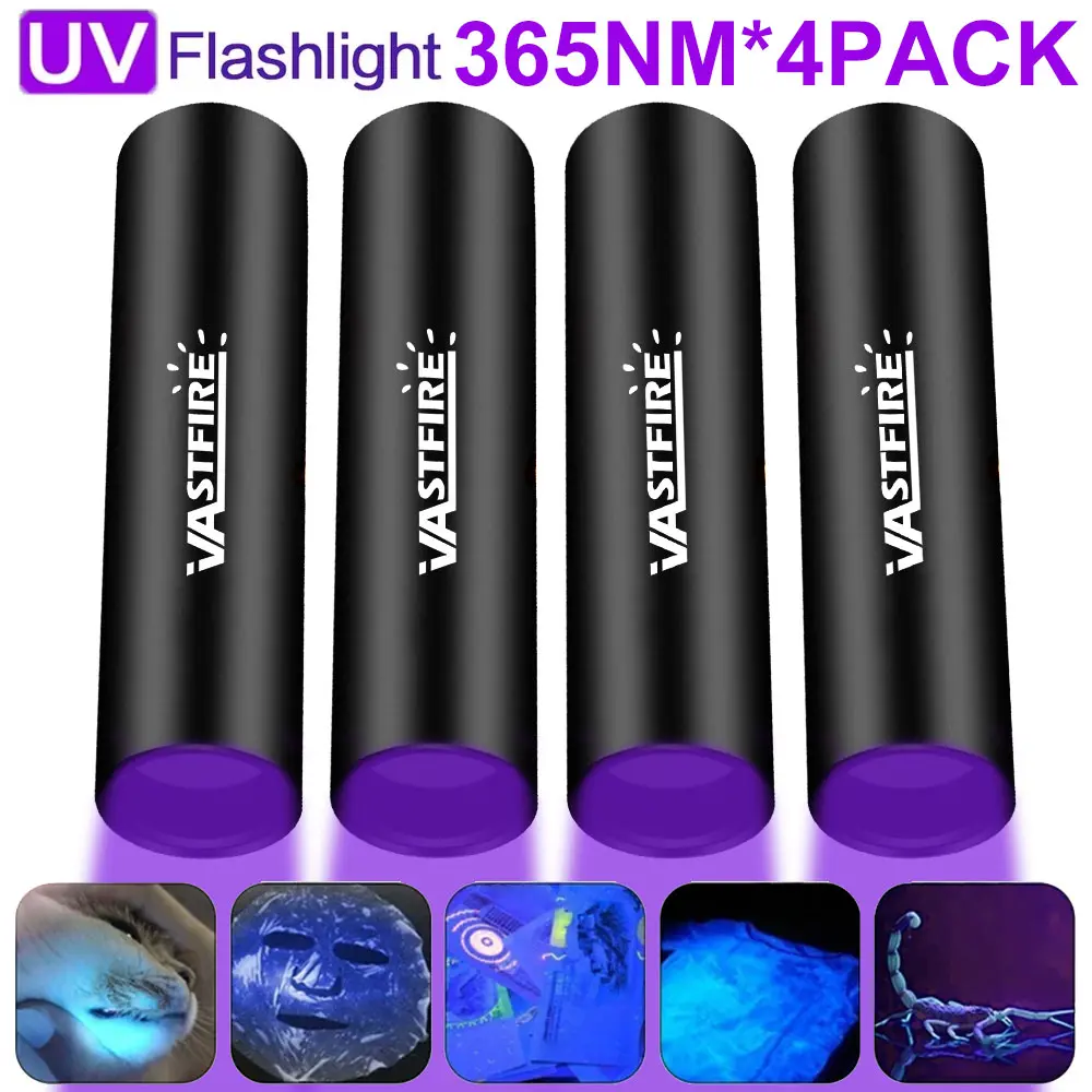 VASTFIRE Mini Size Portable Handheld UV Flashlight - 4/2 x 365NM, USB Rechargeable, Pocket-Sized Purple Lights for Pet Ringworm, Currency Identification, Resin Curing