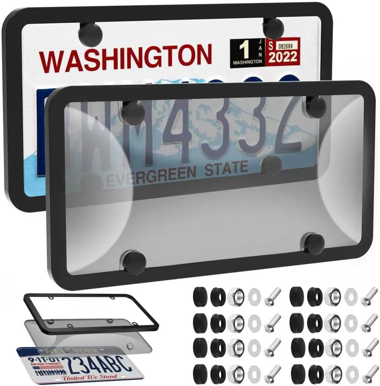 2 Pack License Plate Protector & Frame Combo, Plastic Car Front/Rear Covers with Screws Caps, Car Exterior Accessories Black Universal License Plate Frame Holder for Women Men