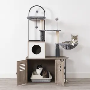 HOOBRO All-in-One Modern Cat Condo, Cat Tree with Litter Box Enclosure, Tall Cat Tower for Indoor Cats,  Wooden Litter Box Enclosure Furniture Hidden, with Sisal Posts, Greige and White#SpringSale #BigSpringSale