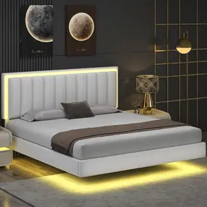 Belffin Bed Frame King Size with LED Lights, Upholstered King Bed Frame and Headboard, Solid Wood Slats Support, No Box Spring Needed, Noise-Free, Easy Assembly, White