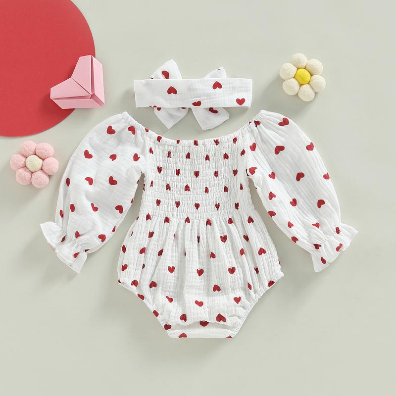 Calsunbaby Newborn Baby Girls Valentine's Day Romper Heart Print Long Sleeve Boat Neck Jumpsuit Bodysuit with Headband Clothes