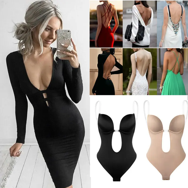 Women Shapewear Backless Body Bra Shaper Deep Plunge Low Back Open Crotch Shapewear for Wedding Party Daily Use , Ladies Shapewear Strapless Deep U Plunge Bodysuit for Women Tummy Control Built In Bra Low Back Body Shaper