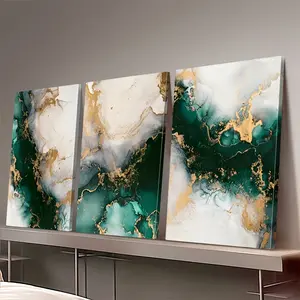 2D Abstract Canvas Print Set, 3-piece set, featuring a green and gold marble pattern design, perfect for decorating the walls of the living room, bedroom, bathroom, office, and hallway. Framed (wrapped canvas)