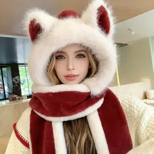 3-in-1 Winter Warm Wolf Ear Hat, Scarf & Gloves Set - Plush Fabric, Cold Weather Accessory for Outdoor Cycling & Commuting