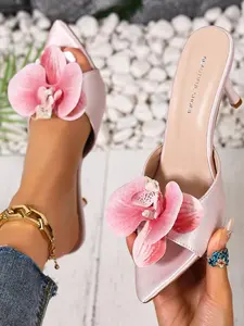French Elegance Butterfly Orchid Flower High Heel Sandals, Summer Outdoor Pointed Toe Open Toe Shoes, PU Material, Rubber Sole