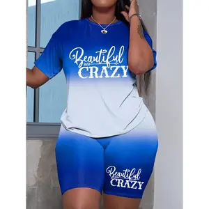 Spring & Summer Plus Size Crazy Print Crew Neck Short Sleeve Top & Shorts Set, Beautiful Casual Outfits For Women's Plus Size Clothing