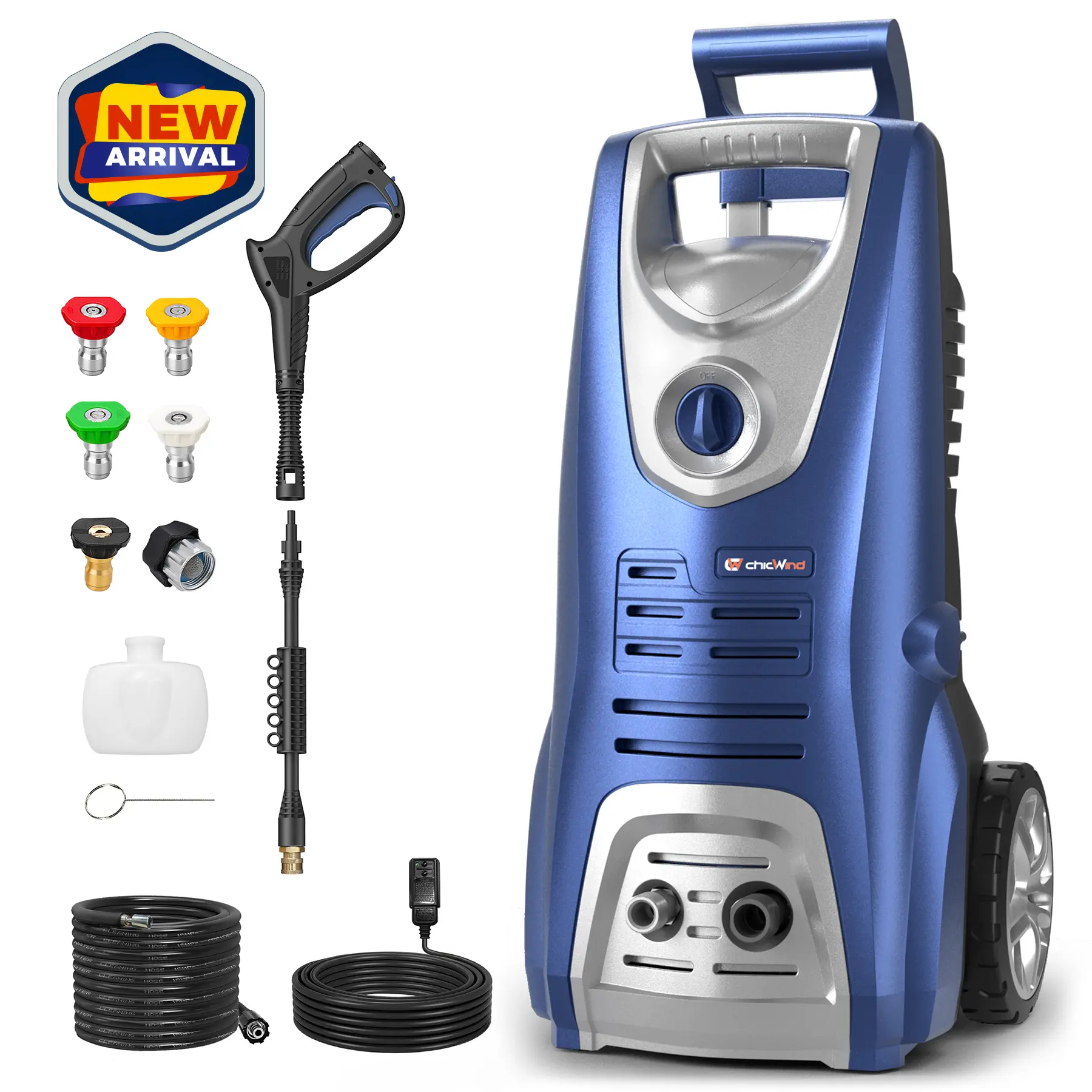 ChicWind 1600W Compact Electric Pressure Washer - 1950 PSI, 1.55 GPM, 5 Nozzles, Foam Cannon, Telescopic Portable Cleaning Tool for Cars, Decks, Driveways