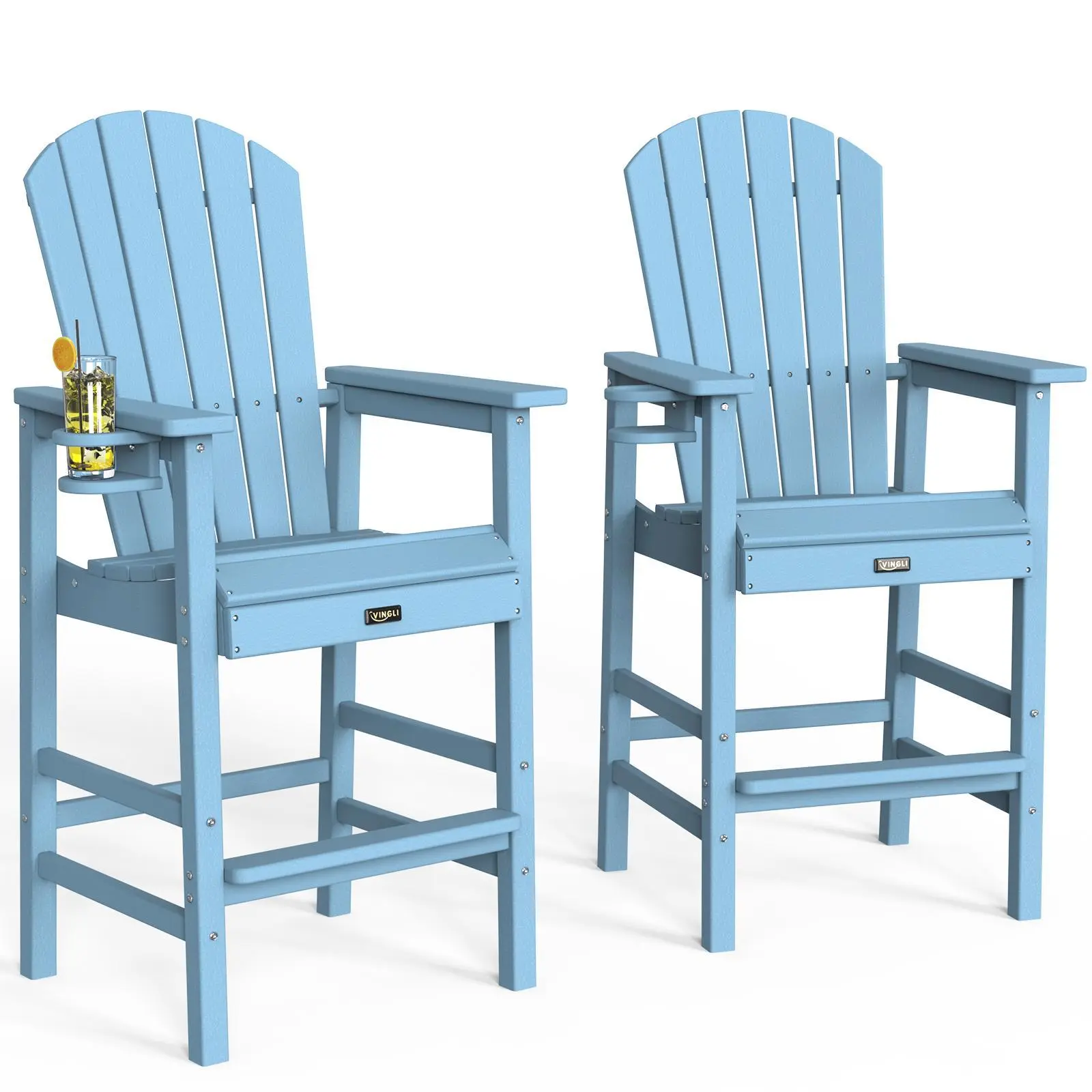 Tall Adirondack Chairs Set of 2, All-Weather Waterproof HDPE Plastic Chairs with Cup Holders, Ergonomic Heavy-Duty Outdoor Seating (31"l x 30"d x 52"h) for Balcony, Backyard Relaxation