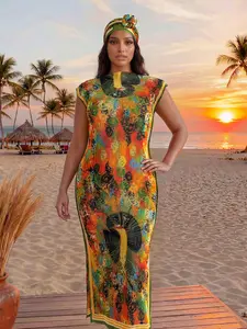 Peacock Print Casual Set with Slim-Fitting Maxi Dress and Scarf, Stylish Beach Cover-Up for All Seasons, Trendy Women's Beach Outdoor Wear