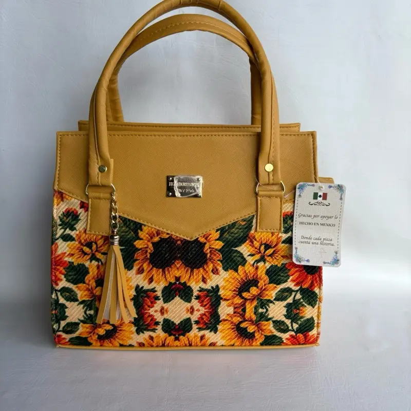 Women's Casual Synthetic PU Leather Fashionable Cataleya Artisanal Mexican Handbag - Vibrant Sunflower Pattern, Decorative Tassel, Double Handle