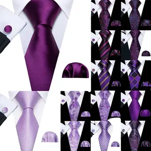 Barry.Wang Purple Lilac Lavender Silk Mens Tie Handkerchief Cufflink Set Jacquard Floral Necktie for Male Wedding Business Party