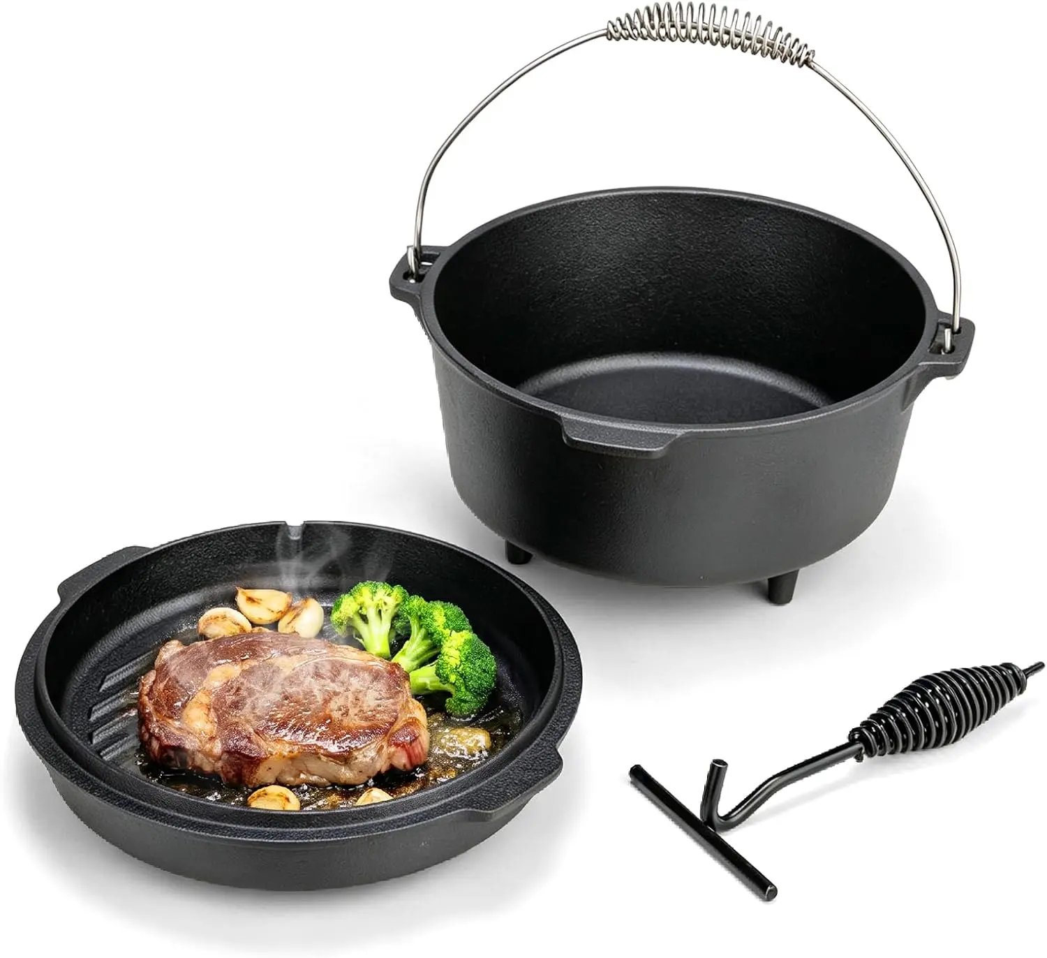 ROVSUN 3.7QT /7.9 QT Cast Iron Dutch Oven with Lid, Pre-Seasoned Camping Pot for Campfire Grill & Oven, 2-in-1 Skillet Lid + Lid Lifter Hook, Outdoor Cast Iron Camping Cookware for 2-4 People